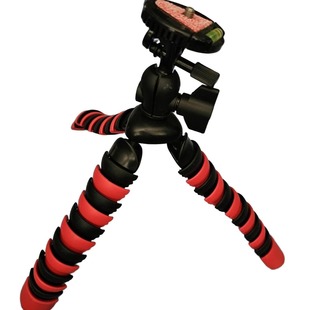 12" Flexible tripod stand with 360-degree rotation, bubble level & flexible legs